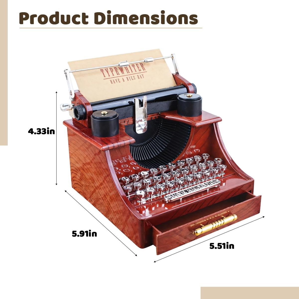 HASTHIP Retro Typewriter Music Box for Desk Decor with Hand Crank | 14x15x11 cm Red Wood Finish