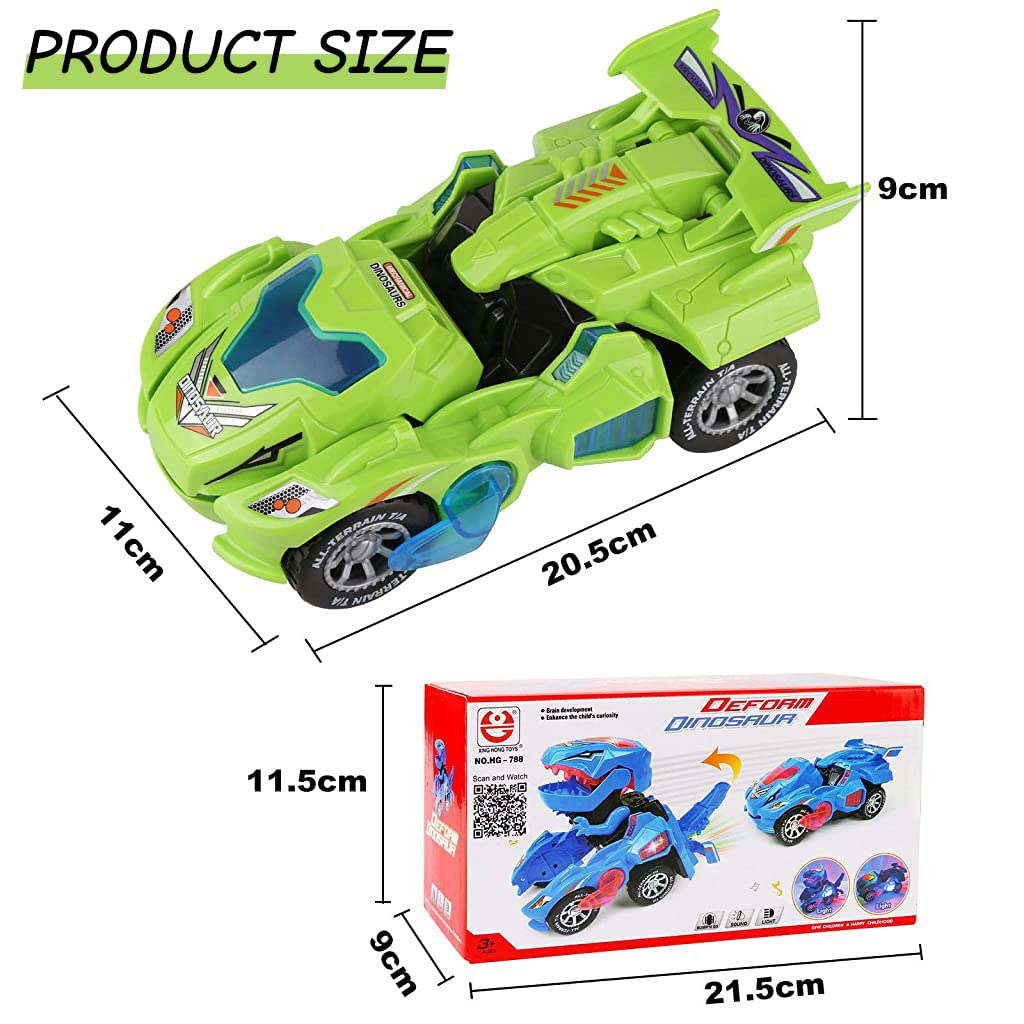 Qpets Dinosaur Car Toy with Sound and Light for Kids featuring Auto Transform | Green