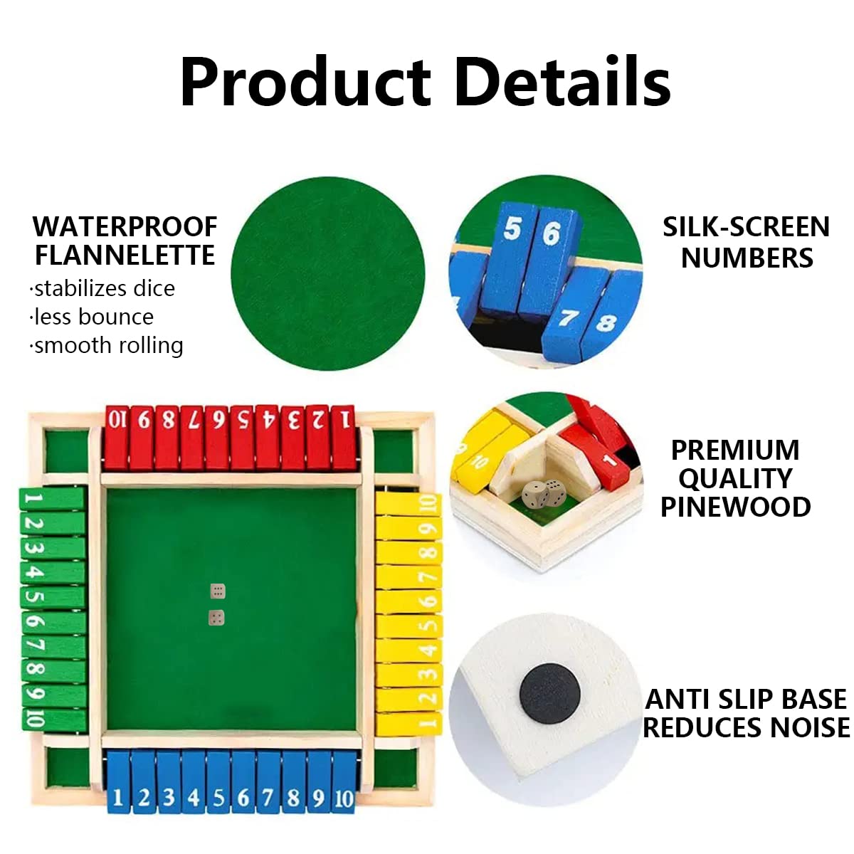 PATPAT Shut The Box Dice Game for 2–4 Players featuring 2 Dice and Wooden Board | Family Toy