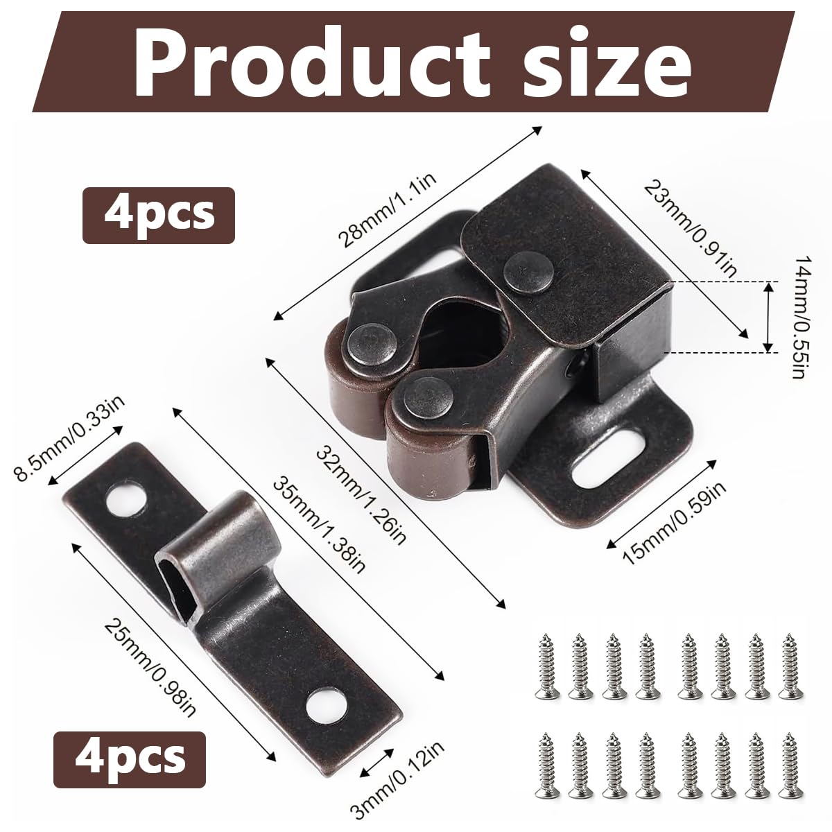 Venzina Cabinet Door Latch for Cupboard and Closet with Double Roller Catch 4 Pcs Red Brown