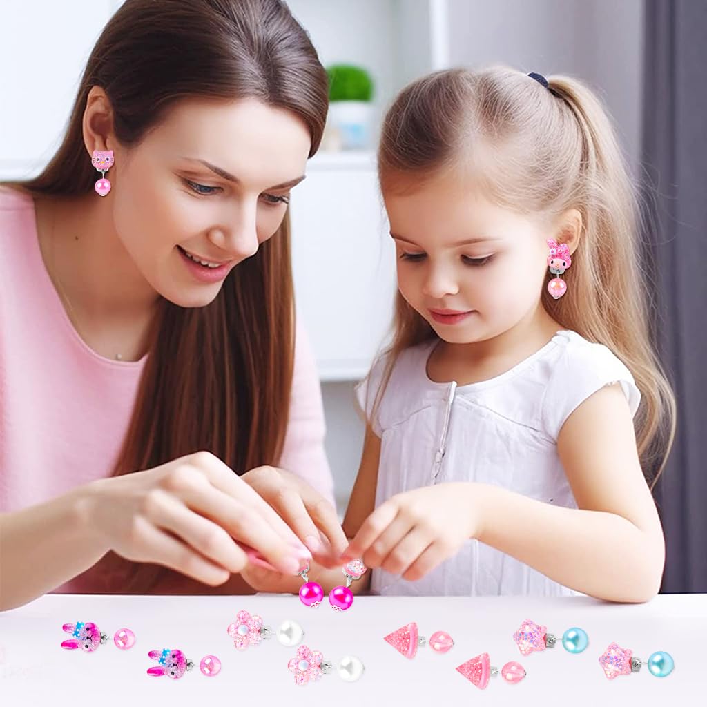 PATPAT Girls Clip On Earrings Set for Dress Up with 7 Pairs Resin Designs | Non Piercing Jewelry
