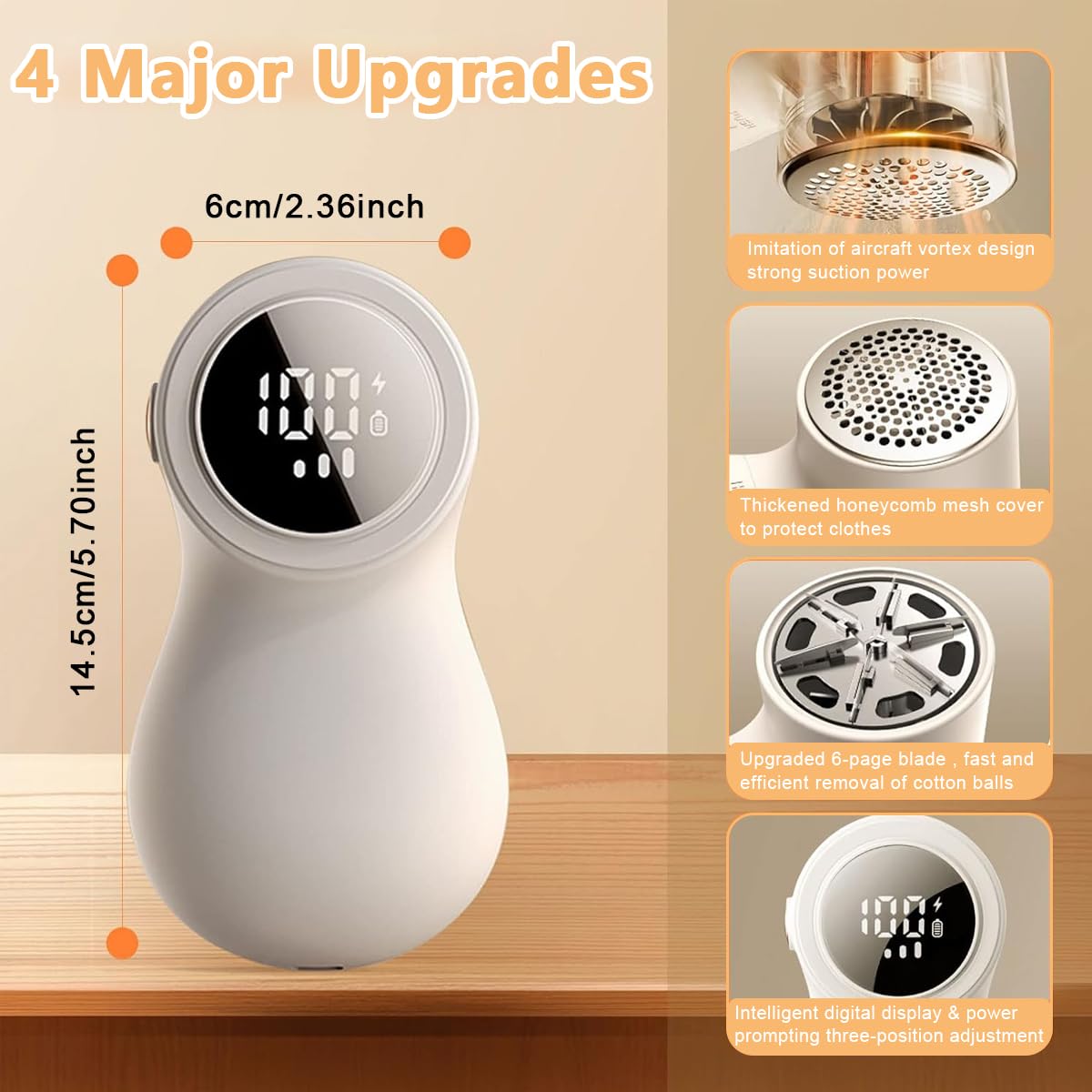 HANNEA Rechargeable Fabric Shaver for Clothes and Furniture with 6 Stainless Steel Blades | 3-Speed Digital Lint Remover