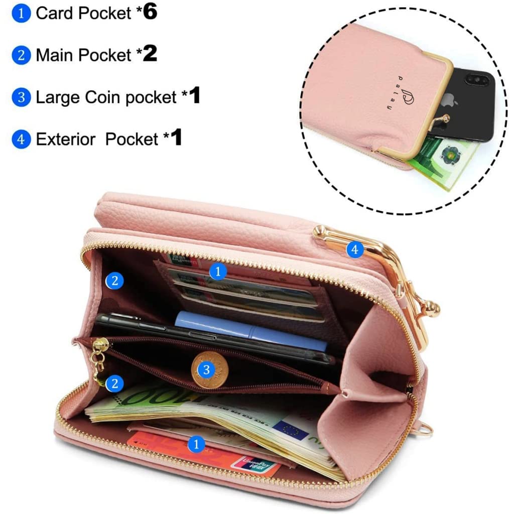 PALAY Women Crossbody Phone Bag Ladies Wallet Small Soft PU Leather Cell Phone Purse Mini Shoulder Bag with Strap Card Slots (Pink)