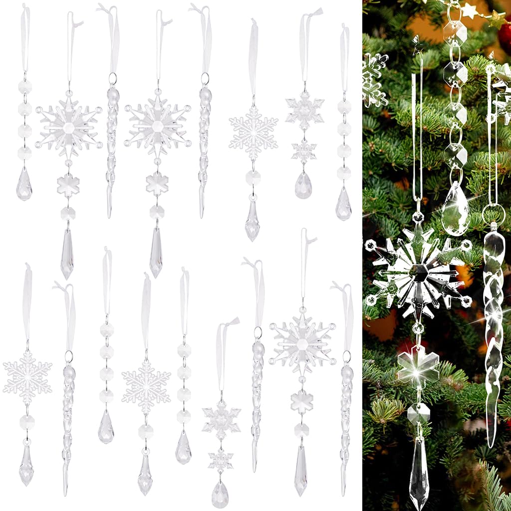 HASTHIP® 18pcs Christmas Tree Hanging Ornament Crystal Acrylic Christmas Ornaments for Christmas Tree Transparent Snowflake Icicle Christmas Hanging Ornament