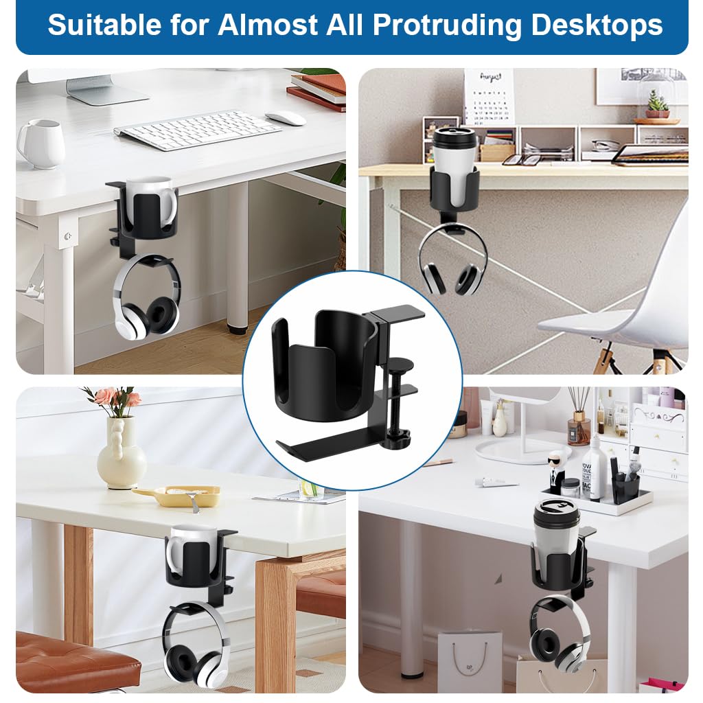 ZORBES 2-in-1 Metal Desk Cup and Headphone Holder for Home Office with Clamp Mount | Spill Proof Organizer Hook