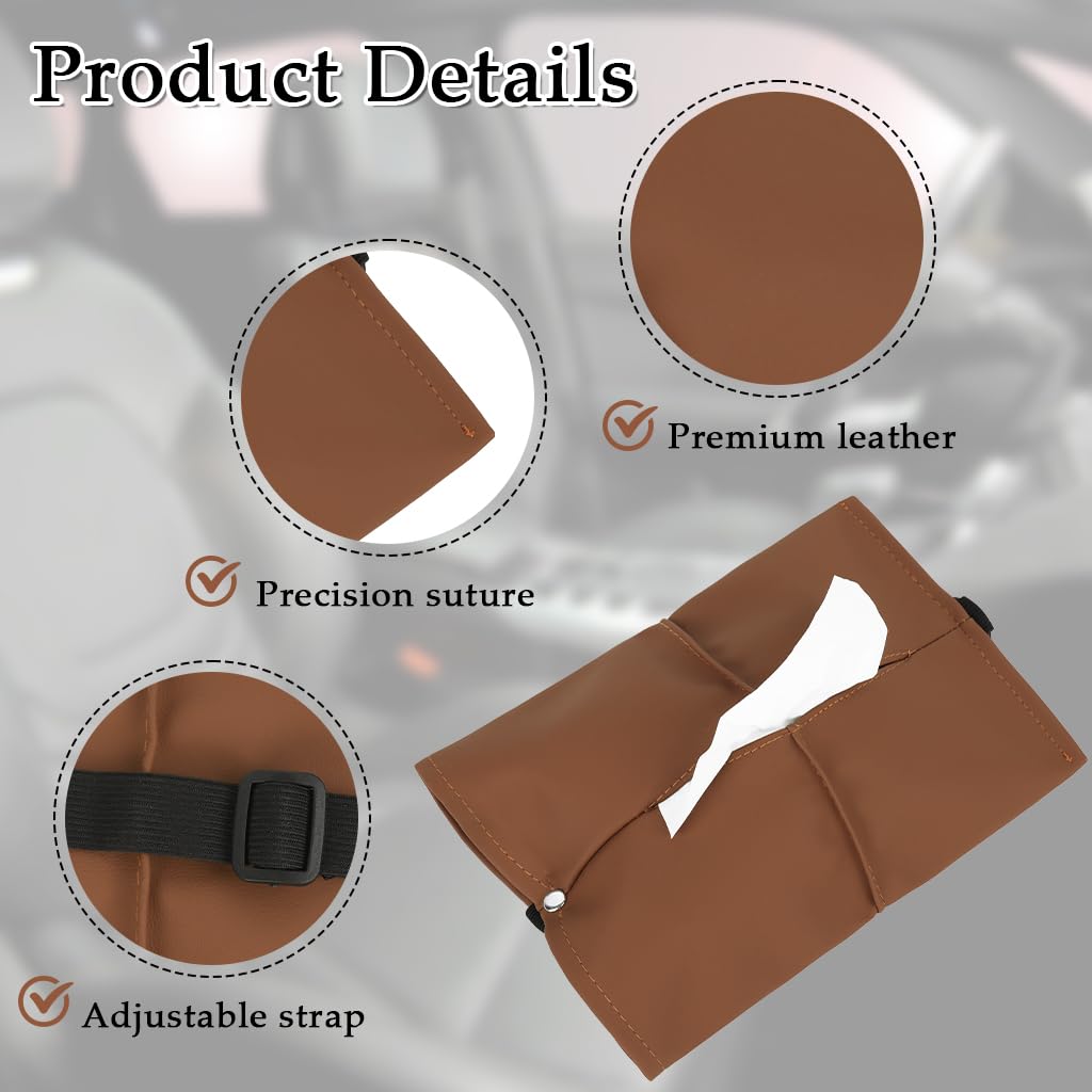 STHIRA Car Tissue Box for Center Console and Headrest featuring Adjustable Elastic Strap | Brown PU Leather Accessory