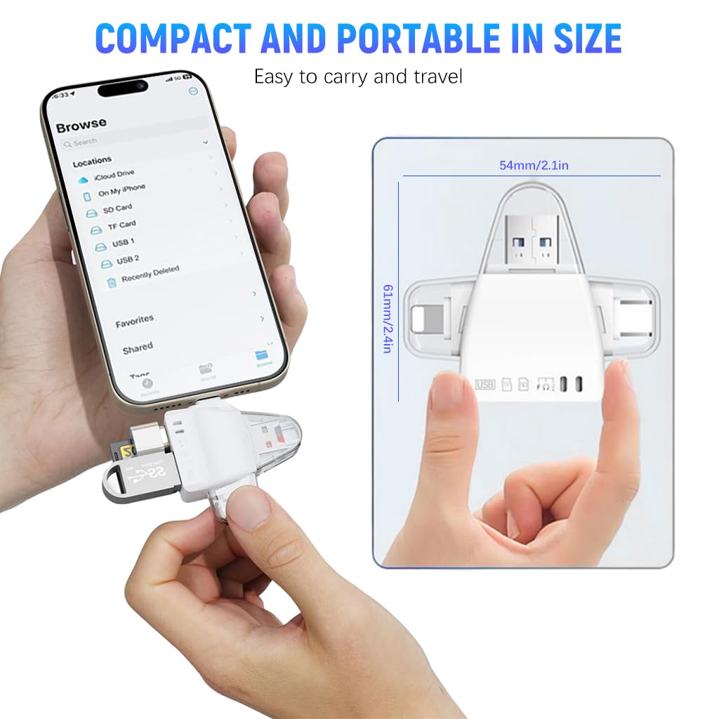 Verilux® Multi Card Reader Phone Card Reader Flash Driver Reader Support TF/SD/USB C/USB A, Universal Multi in One Card Reader for i Phone 15/14, Android Phone, PC, Laptop