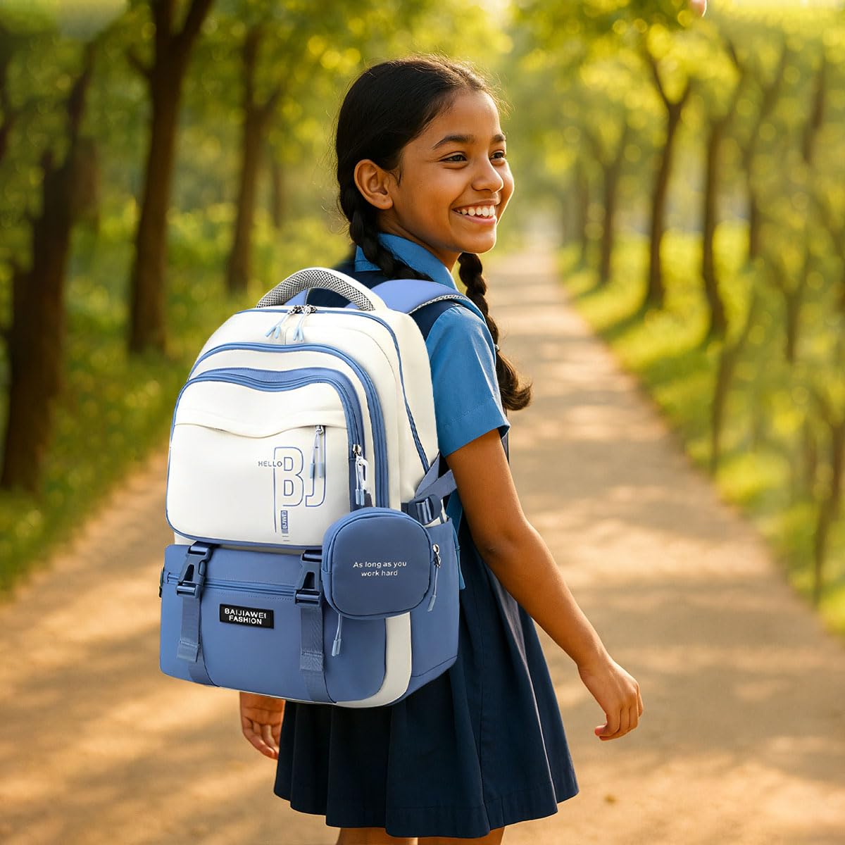 PALAY Girls Backpack for School and Travel with Multi Compartments and Padded Straps | Blue Nylon Set of 2