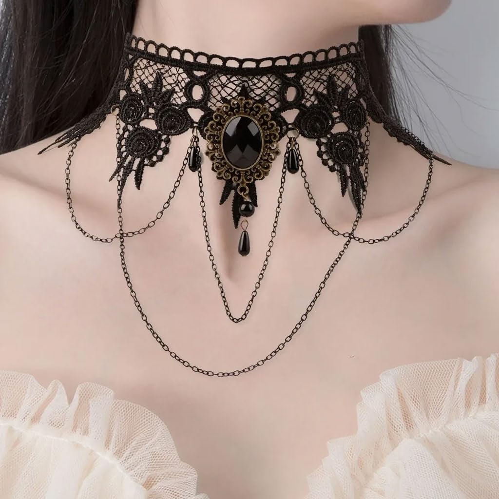 Zibuyu Lace Choker Necklace for Parties with Rhinestone Tassel and Alloy Lace Design
