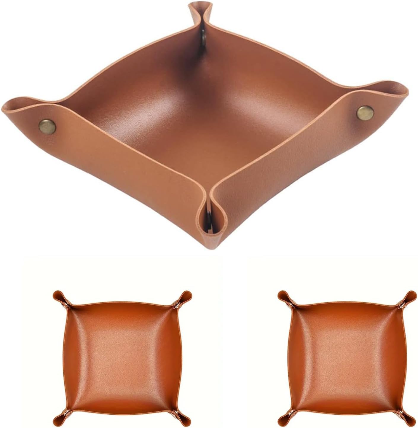 MAYCREATE Leather Valet Tray Organizer for Home and Office featuring Snap Button Corners | 3Pcs 9.8 in Brown PVC Leather Catchall