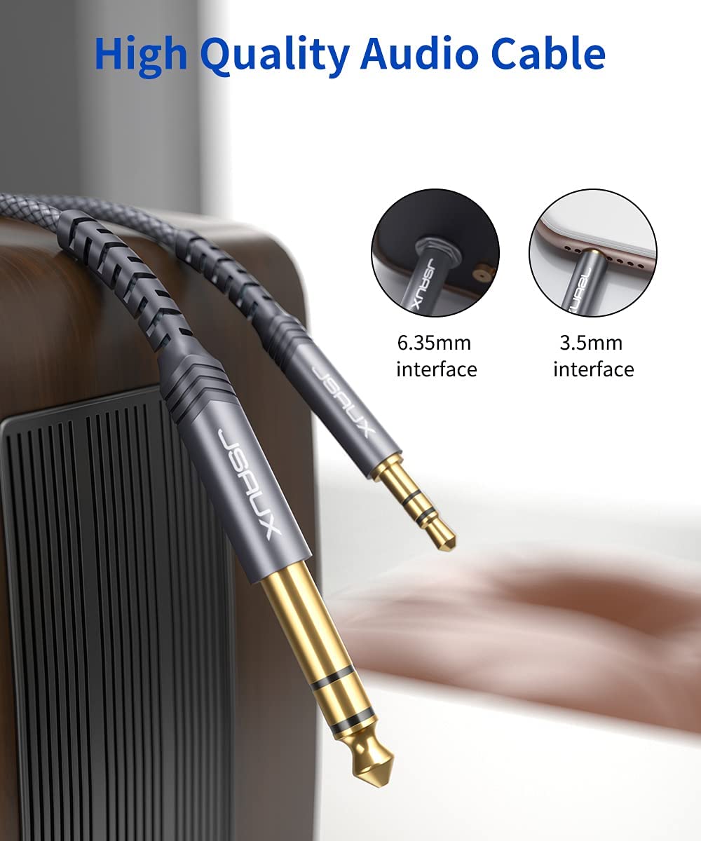 JSAUX 3.5mm to 6.35mm Stereo Audio Cable 3.9ft for Guitar and Speaker featuring 24k Gold Plugs & Braided Nylon Design