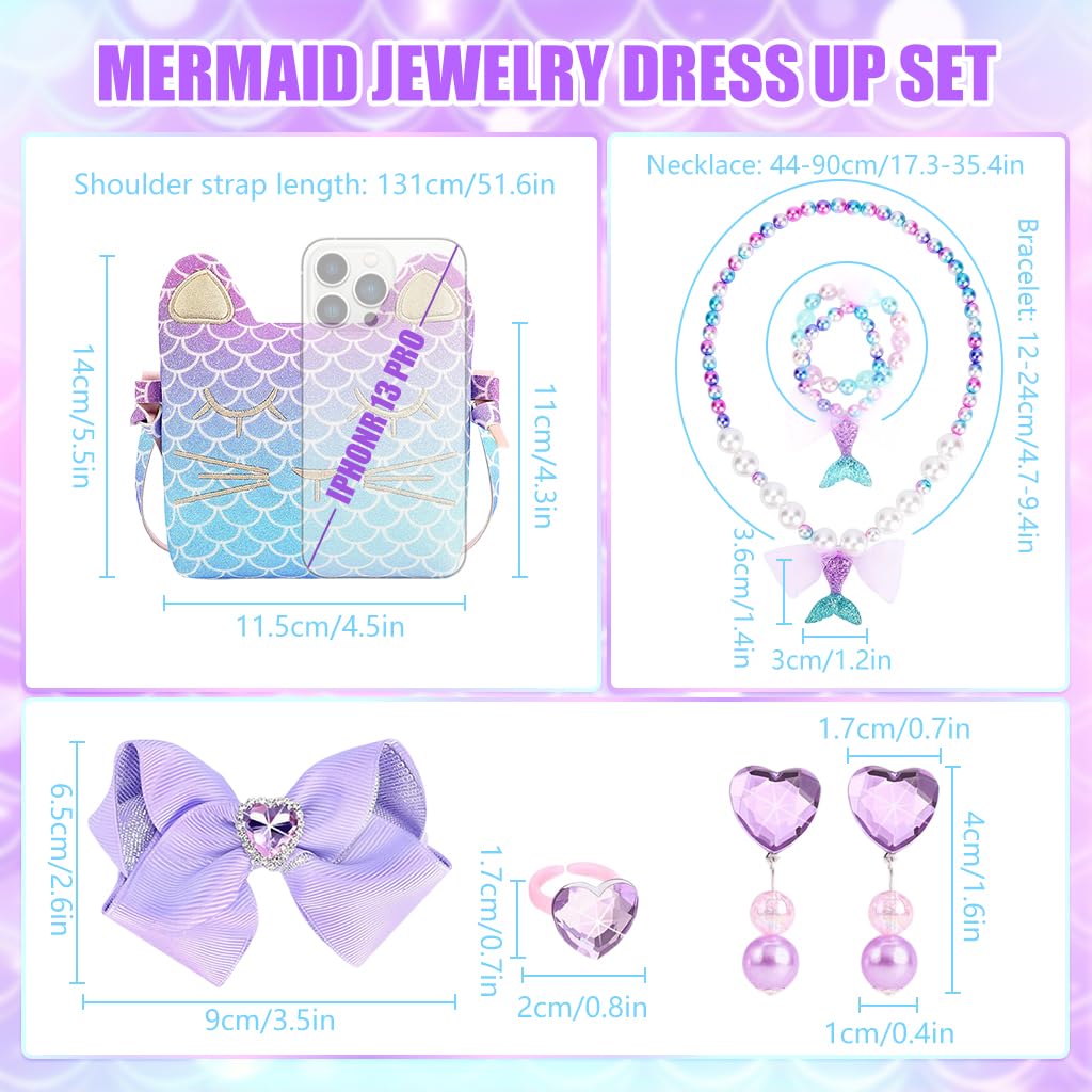 PATPAT Purse for Girls with Mermaid Jewelry Set featuring Sling Bag and Cat Design | Gift for Ages 3–10