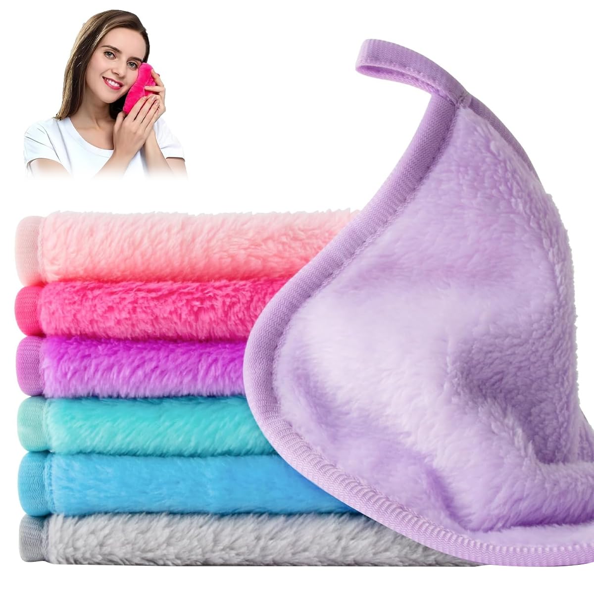 MAYCREATE Face Towels 7 Pack for Daily Skincare with Hanging Loop 6.3 in Square | Ultra Soft Flannel Reusable Makeup Remover Cloths