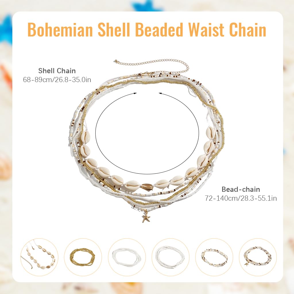SANNIDHI Boho Waist Chains for Beach and Dance Wear featuring Beaded Seashell Charms | 18PCS Set