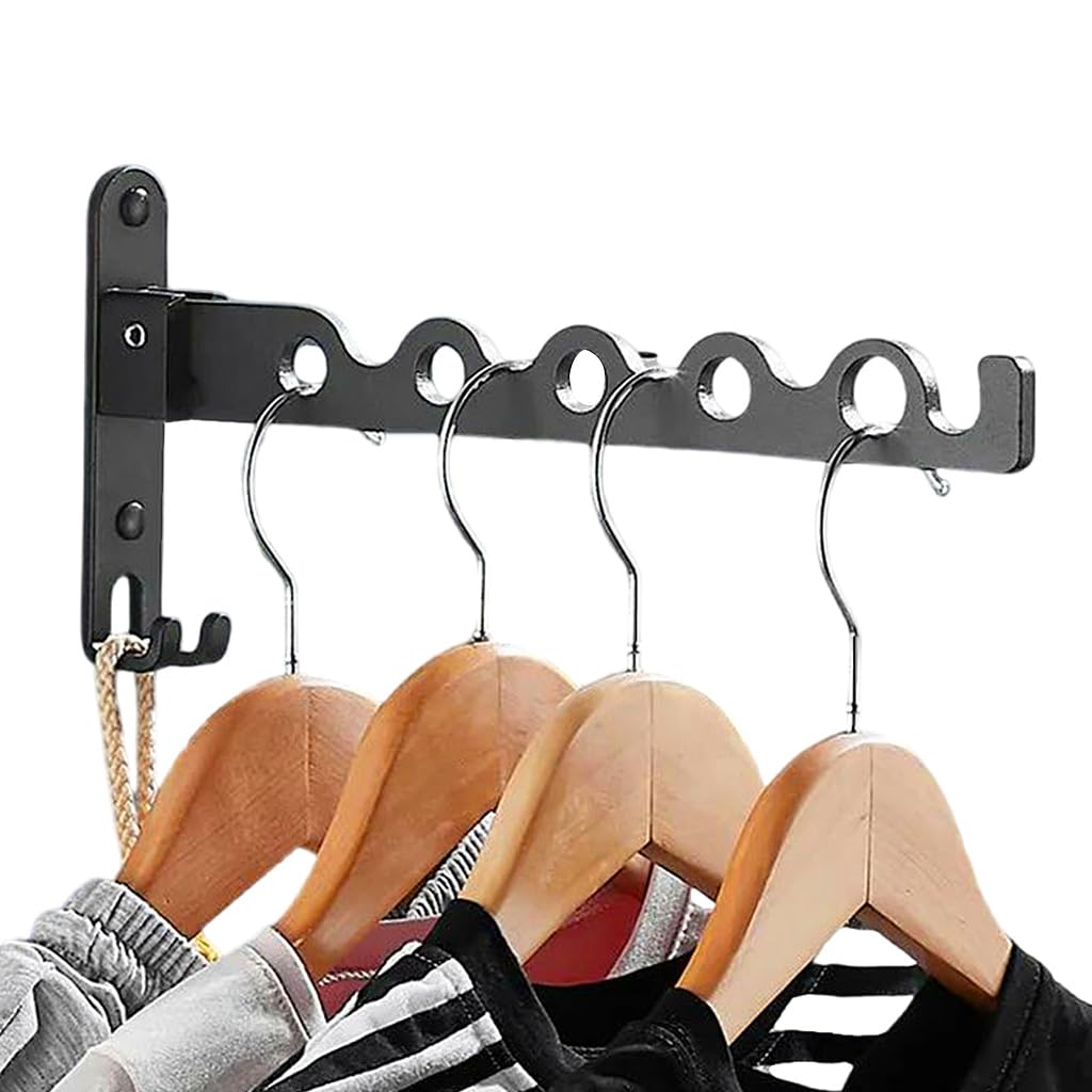 HASTHIP® Wall Mounted Cloth Hanger with Folding Arm, Foldable 90°, Metal Aluminum Hangers for Clothes, Space Savers Folding Clothes Rack Hanger, Drying Rack for Bedroom, Bathroom, Balcony (Black)