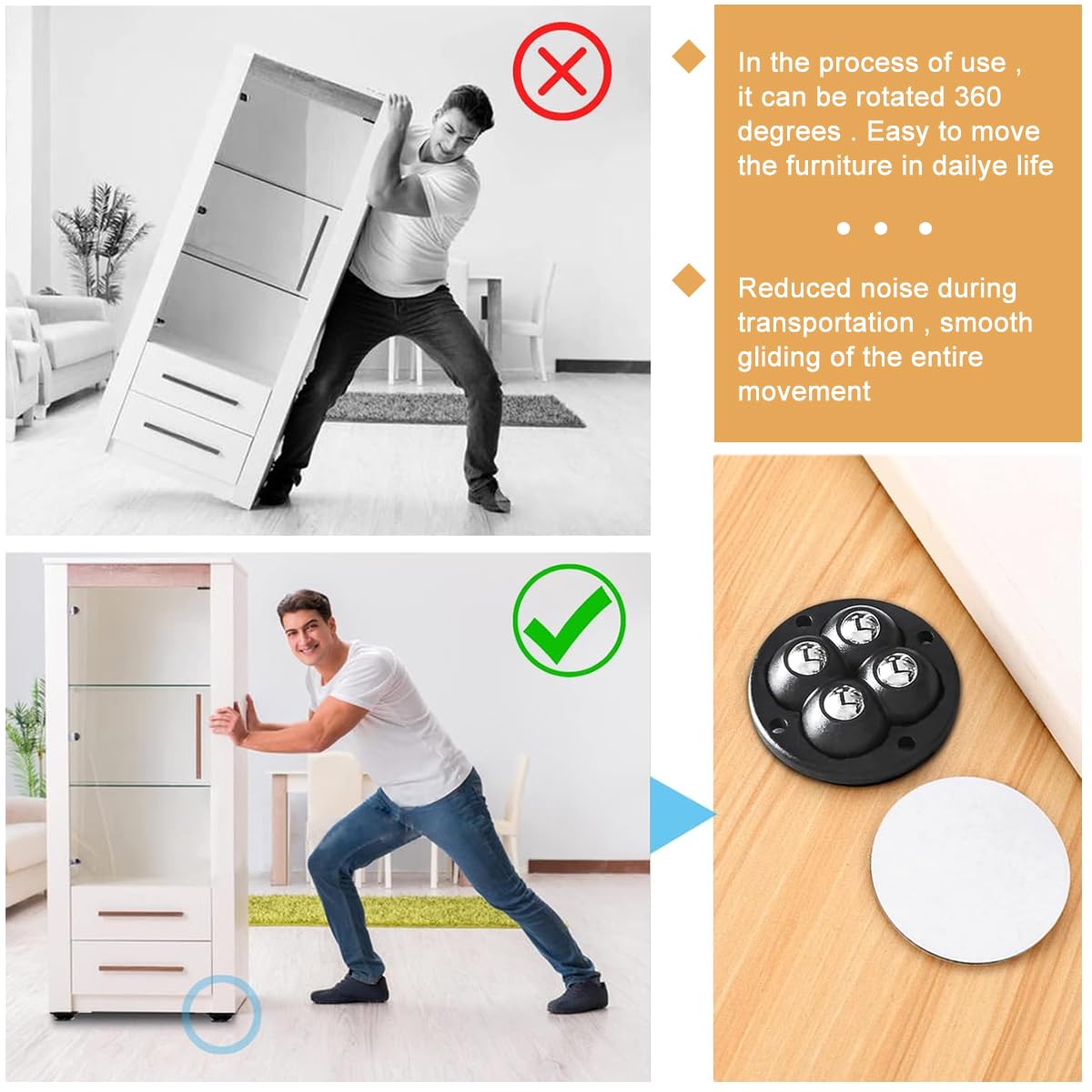 HASTHIP Wheels for Furniture Moving with 360° Swivel Design and 30 kg Load | 8 Pcs Set