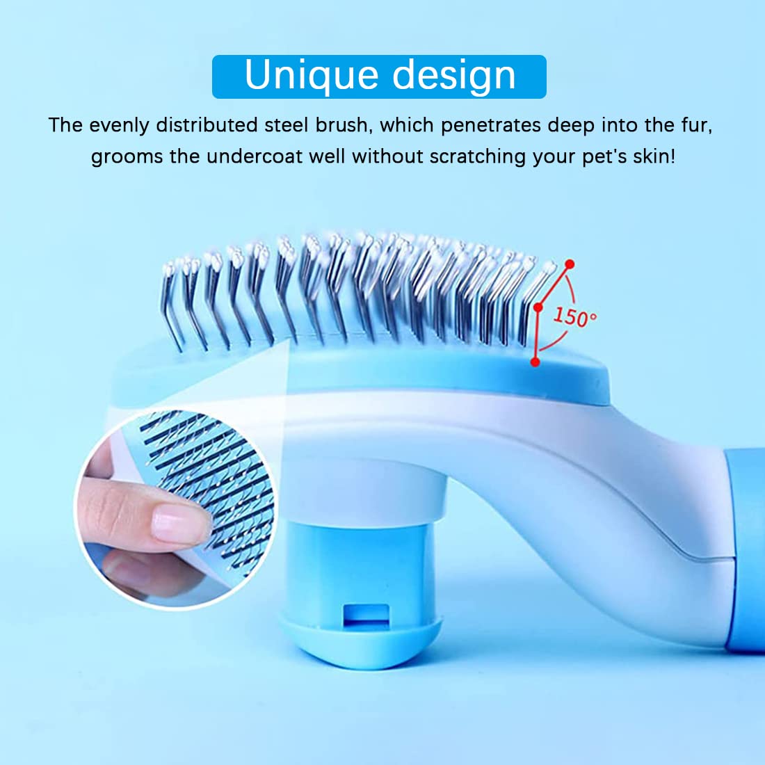 ZIBUYU Dog Brush for Hair with 4 in Stainless-Steel Teeth and One-Button Cleaning | Blue