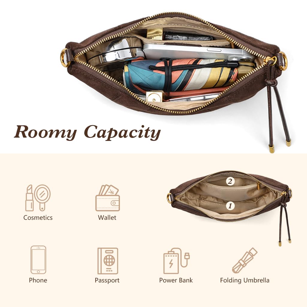 PALAY Shoulder Bag for Women featuring Knotted Strap and Zipper Closure 27x7x15 cm Brown Suede | Stylish Day to Evening Crossbody