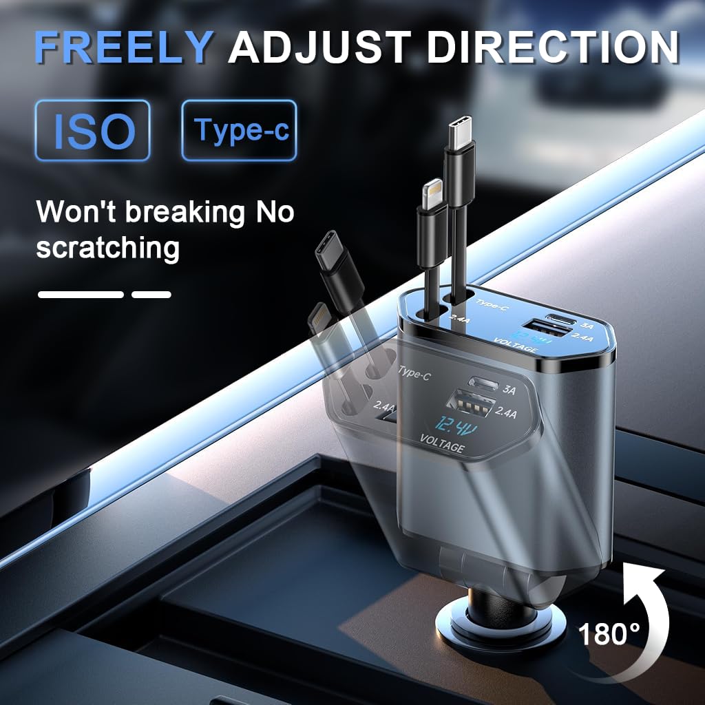 STHIRA Retractable Car Charger for Travel with 120W Power and 31.5in Cables | 4 Ports
