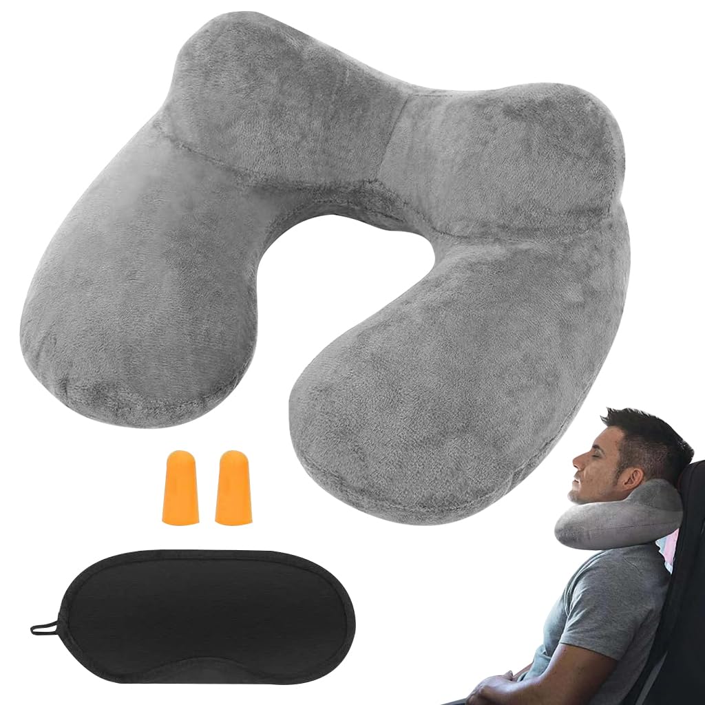 HANNEA Inflatable Travel Neck Pillow for Airplane Sleeping with 360° Ergonomic Support | Soft Velvet Washable Set with Eye Mask and Earplugs