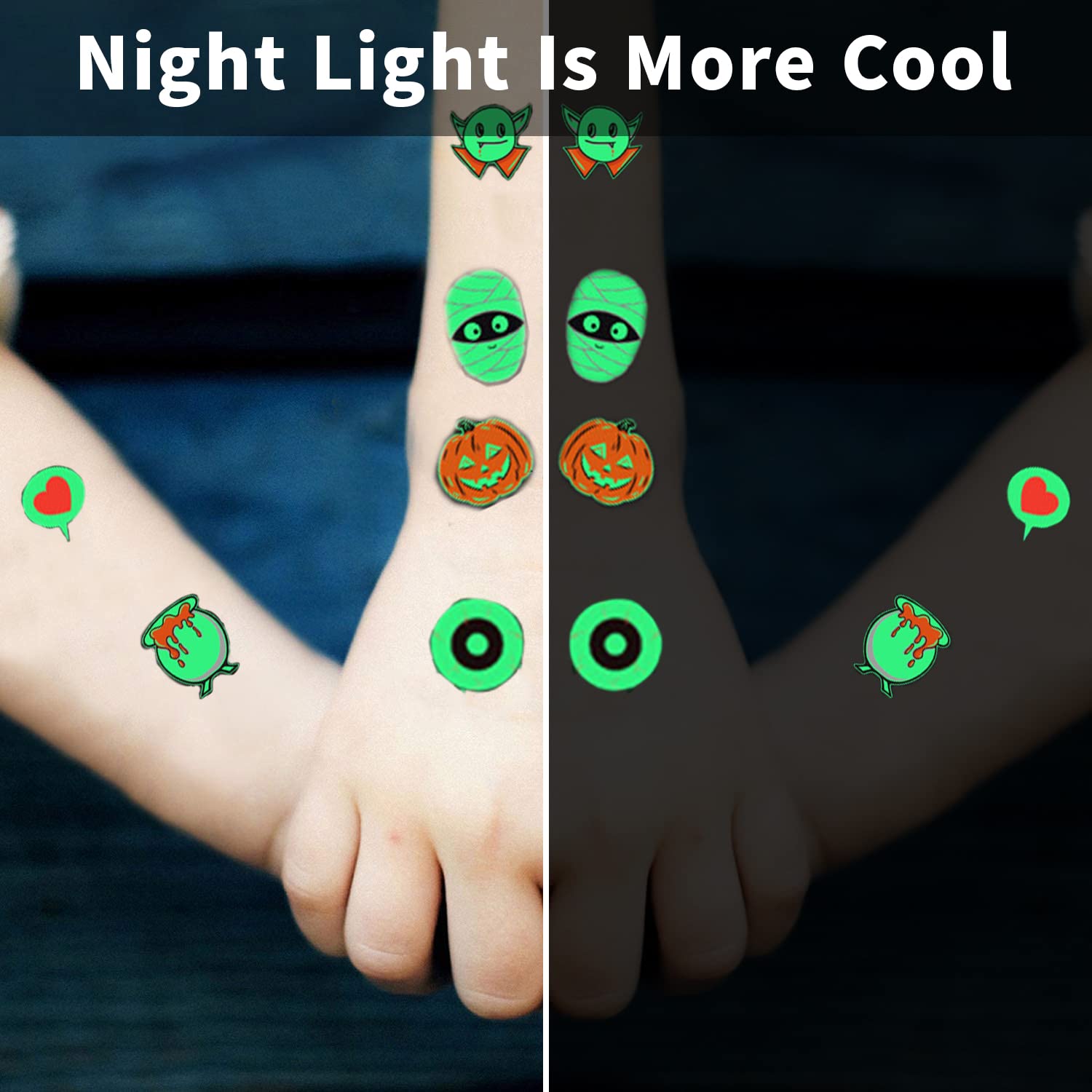 HASTHIP Temporary Tattoo Stickers for Halloween Party with Night Glow Effect | 10 Sheets