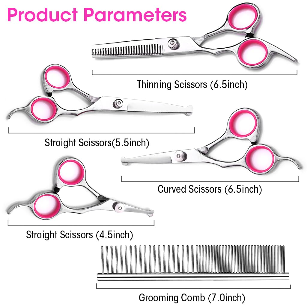 Qpets® Dog Grooming Kit 5 Pack, Stainless Steel Dog Trimmer Kit, Pet Grooming Scissors Set with Grooming Comb, Cutting Scissors Thinning Shear Curved Scissors, Grooming Hair for Small Large Dog Cat