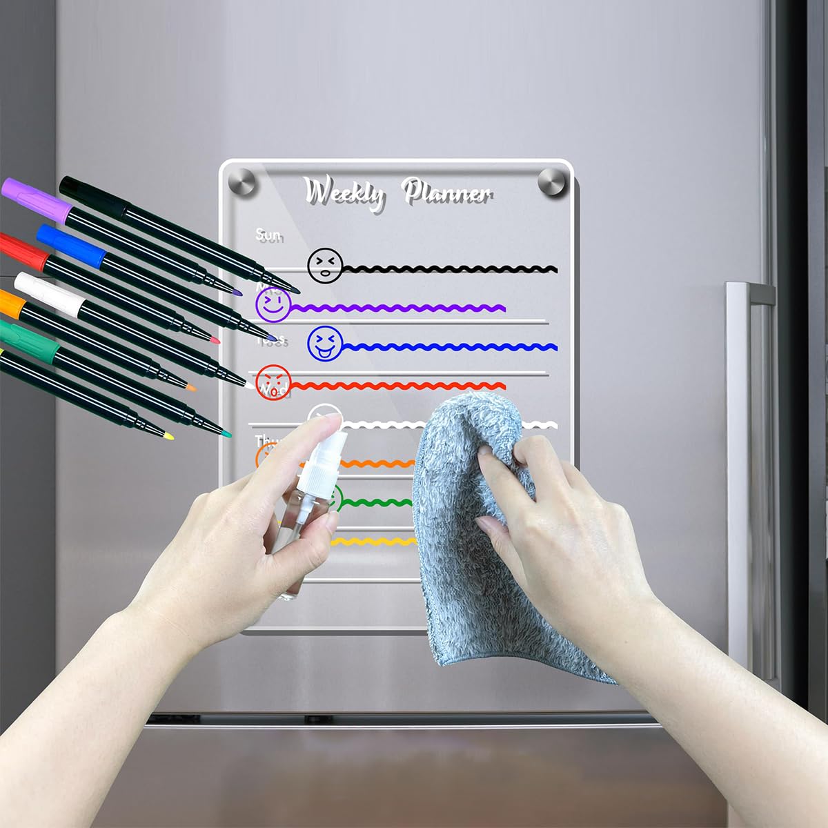 Venzina Acrylic Glass Board Weekly Planner for Fridge with 6 Color Pens 11.69x8.27 in | Clear Magnetic Meal Calendar for Kitchen