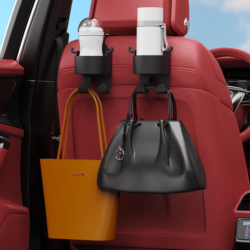 STHIRA Car Organizer Hanger for Headrest with Dual Hooks and Cup Holder | 2Pcs Plastic Set