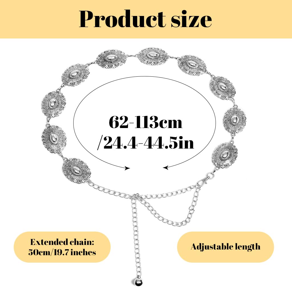 PALAY Waist Belt for Women featuring Silver Metal Concho Chain | Adjustable Boho Style