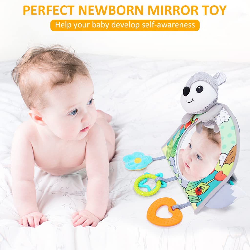 PATPAT Car Seat Toys for Babies, Baby Hanging Mirror Toy, Multifunction Floor Mirror Toy, Newborn Fox Hanging Pram/Carseat/Crib Sensory Travel Activity Toys for Baby 0-12 Months (Grey)