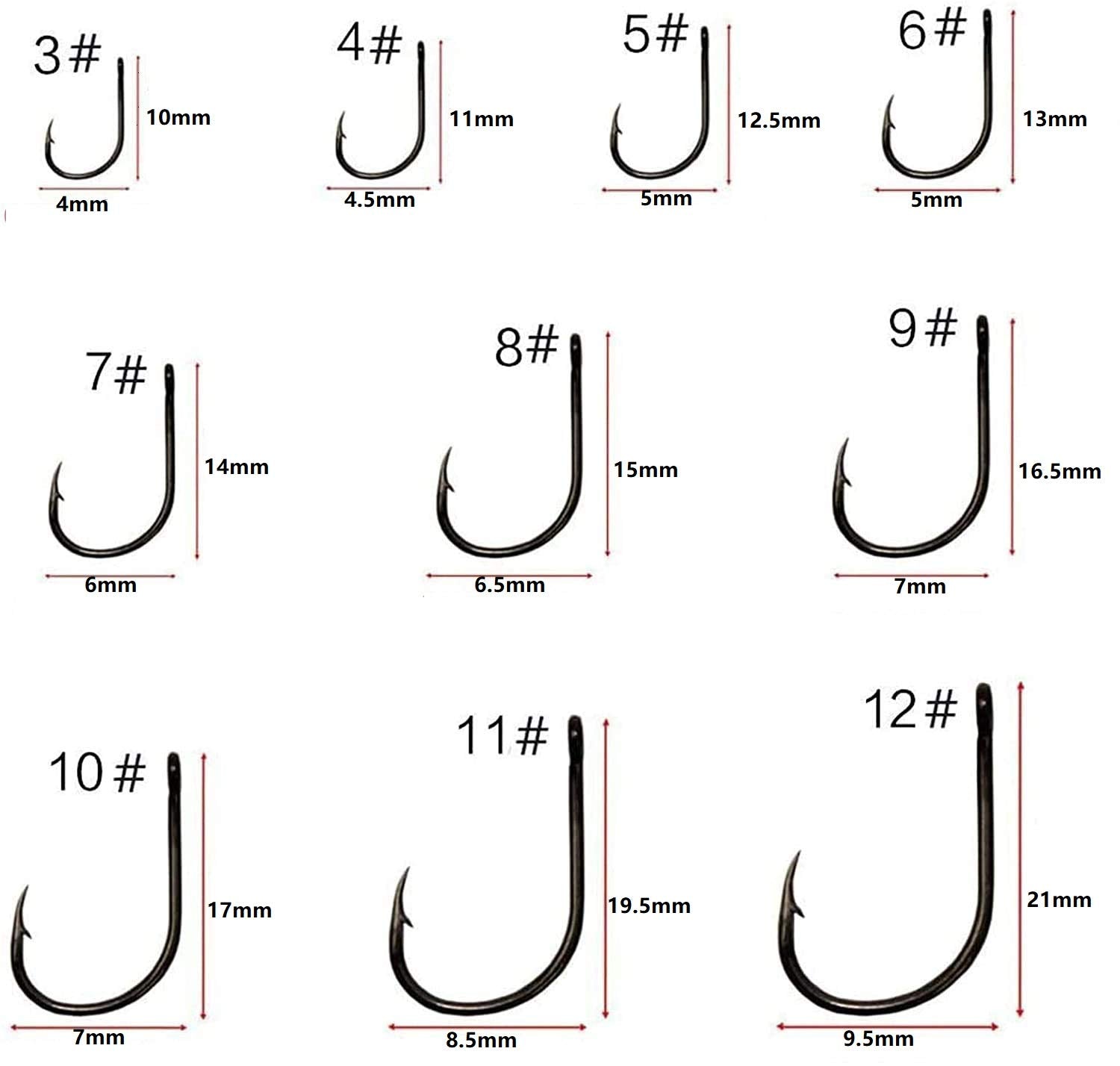 Proberos  500pcs High Carbon Steel Fishing Hooks with Plastic Box, 10 Sizes Fish Hook with Barbs for Freshwater/Seawater, 3# - 12#(50pcs/ Size)