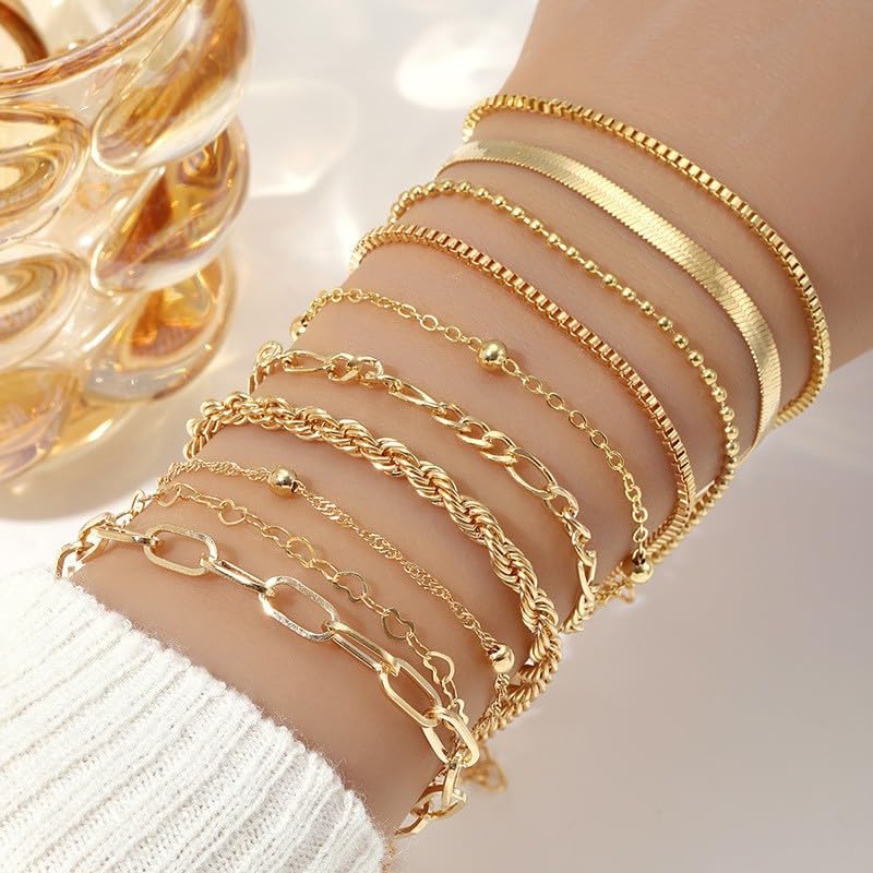SANNIDHI® Bracelets for Women 10PCS Gold Jewelry Sets Trendy Thin Dainty Stackable Cuban Link Chain Bracelet Pack Fashion Accessories Gifts for Women