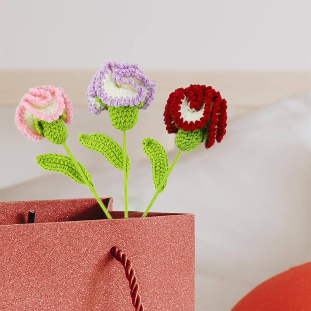 PATPAT® 3Pcs Handmade Crochet Carnation Flowers for Home Decor Dual Color Crochet Carnation Flowers 16.53