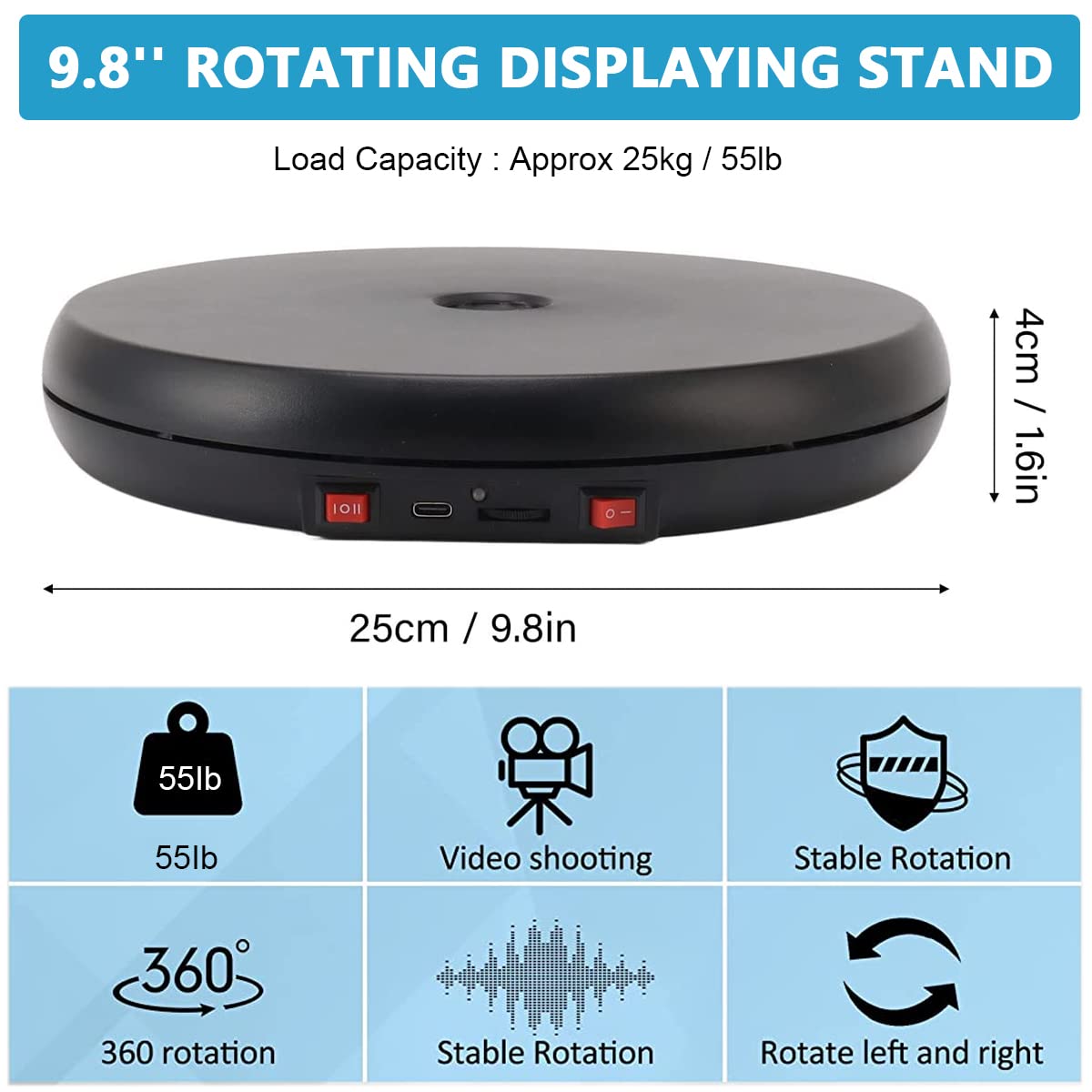 Supvox® 1Pcs Rotating Display Stand with LED, 9.8'' USB Charge 360 Degree Rotating Turntable, Adjustable Speed Multi-Functional Rotary Table for Photography, Jewelry, Cake and Collectibles, 20kg Load