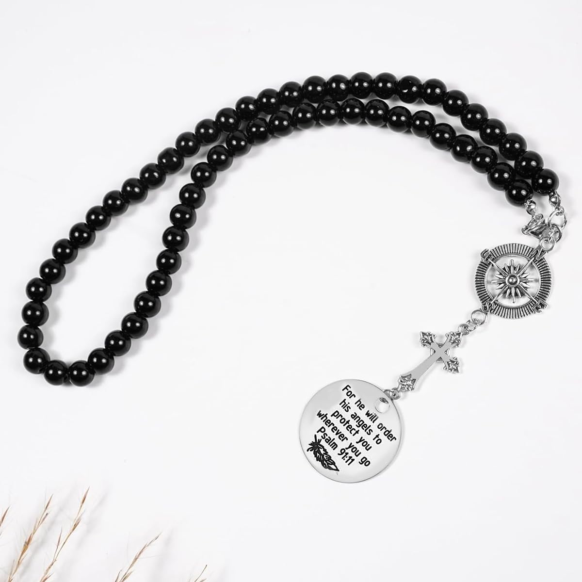 STHIRA Guardian Angel Cross Car Mirror Charm with Psalm Verse Beads and Compass Pendant 2PCS