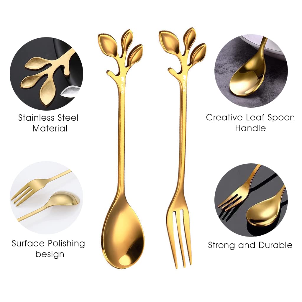 HASTHIP Coffee Spoon and Dessert Fork Set for Tea and Appetizers with Leaf Design | 4 Pcs 4.7 in Stainless Steel Gold Tableware
