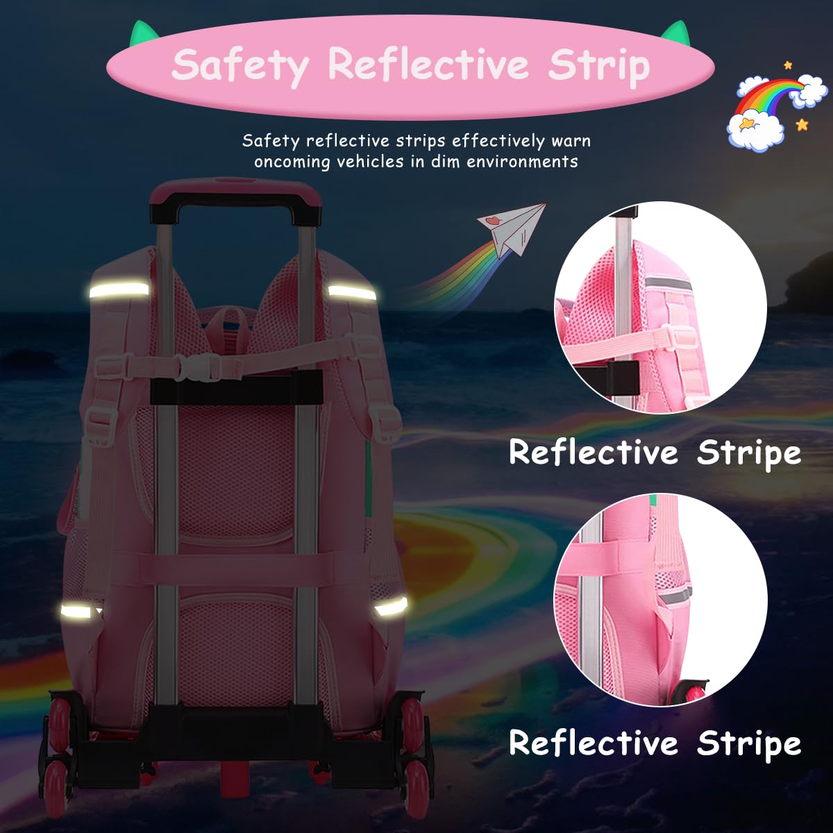 Venzina Trolley School Bag for Girls with 3 Wheel Stand and PU Pink Cartoon Design | Large Capacity Backpack