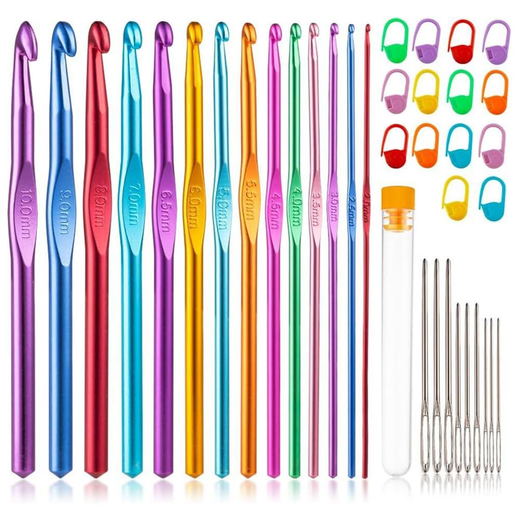 HASTHIP® 37PCS Crochet Hooks Set, Ergonomic Handle Crochet with Stitch Markers and Large-Eye Blunt Needles, Multicolor Aluminum Crochet Hooks Knitting Needles for Arthritic Hands