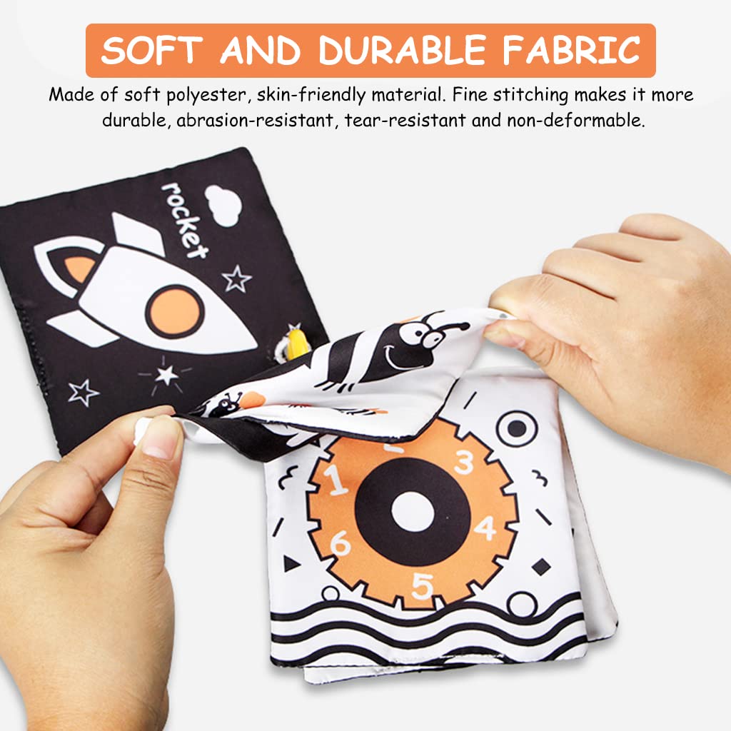 HASTHIP Baby Cloth Book for Tummy Time with 6 Double Sided Pages and Silicone Hoop | Black and White Visual Toy for 0–12 Month Infants