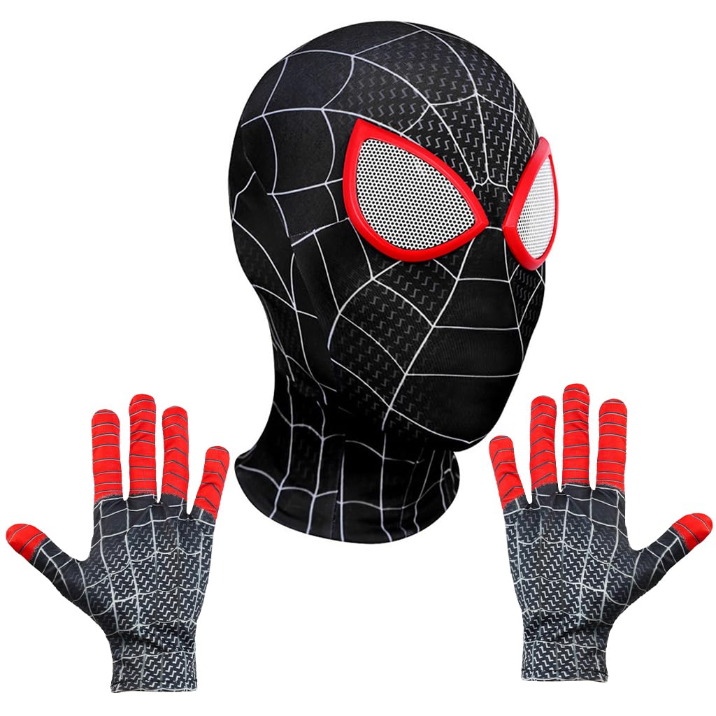 FANCYKU® 3D Spider-Man Mask and Gloves Gift, Spiderman Masks Spider Man Cosplay Costumes Superhero Lenses for Adult Kids, Role Play Superhero Masks for Halloween Masquerade Cosplay (Black)