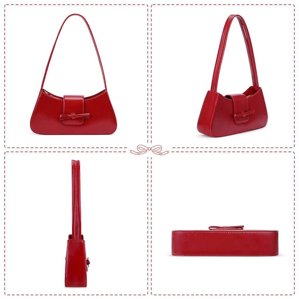 PALAY Shoulder Bag for Women with Bow Charm and Dual Closure 27x14cm Glossy Red Purse