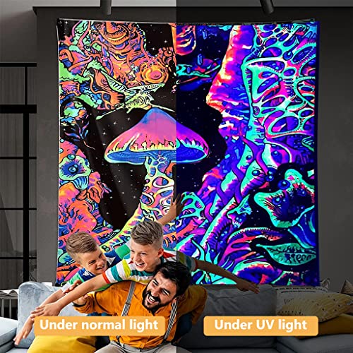 HASTHIP® UV Luminous Mushroom Tapestry, Fantastic Upright Tapestry Glow In The Dark, UV Reactive Tapestries Posters Wall Hanging for Backdrop (51inch x 59inch)( Black)