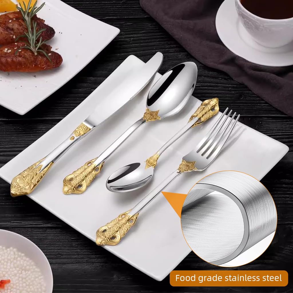 HASTHIP Stainless Steel Fork and Spoon Set of 4 for Dining with Embossed Golden Handle | Gift Box
