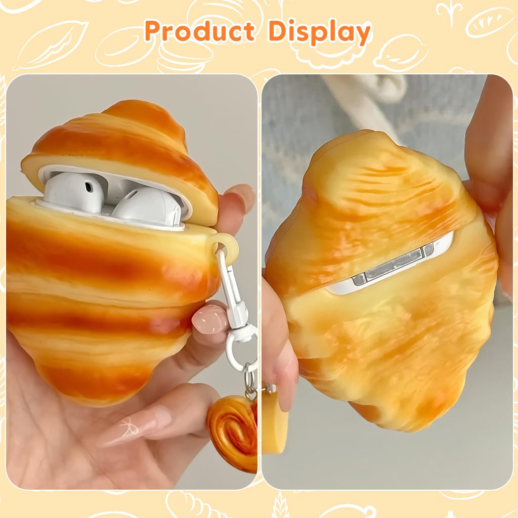 ZORBES Airpod 4 Case Cover with Cartoon Croissant Design and Clasp Bag Charm | PVC Protective Shell