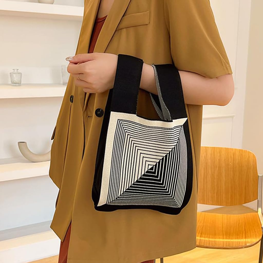 ZIBUYU Fashion Knitting Wrist Handbag Mini Tote Bag Geometric Knitting Pattern Bag Lunch Box Bag Purse Tote Daily Casual Bag