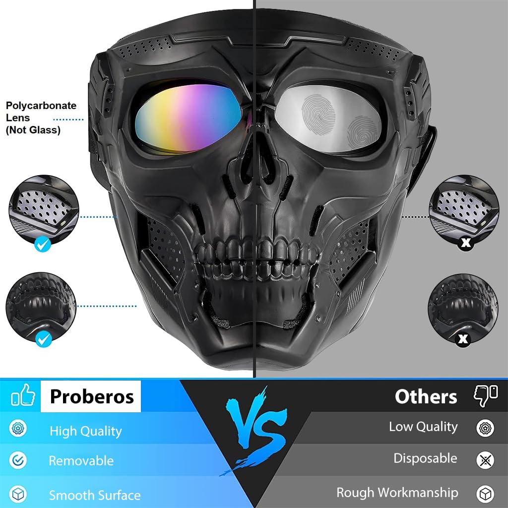 PROBEROS protective goggles with detachable mask for motorcycle riding featuring skull design and UV protection | full face cover for men and women