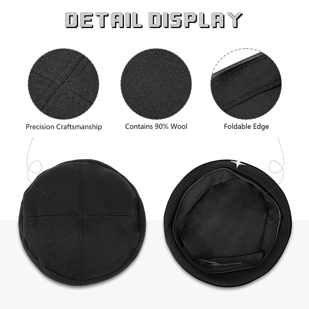 SANNIDHI Beret Cap for Women featuring Silver Star Accent and Soft Black Wool Felt | Stylish Winter Retro Hat