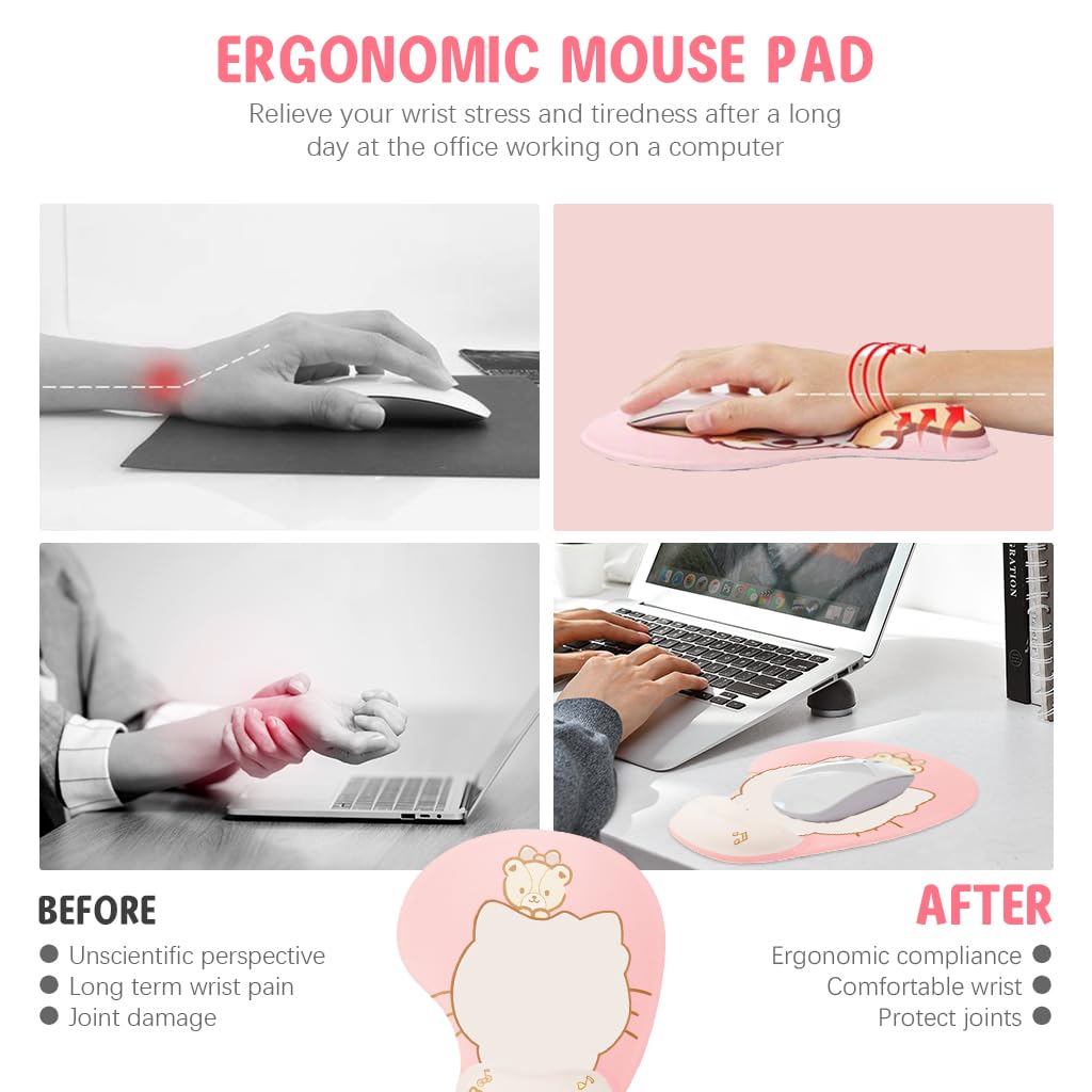 Fancyku Mouse Pad with Wrist Rest for Office and Gaming featuring Non Slip Silicone Base | Cute Cartoon Kitty Design with Smooth Lycra Cover