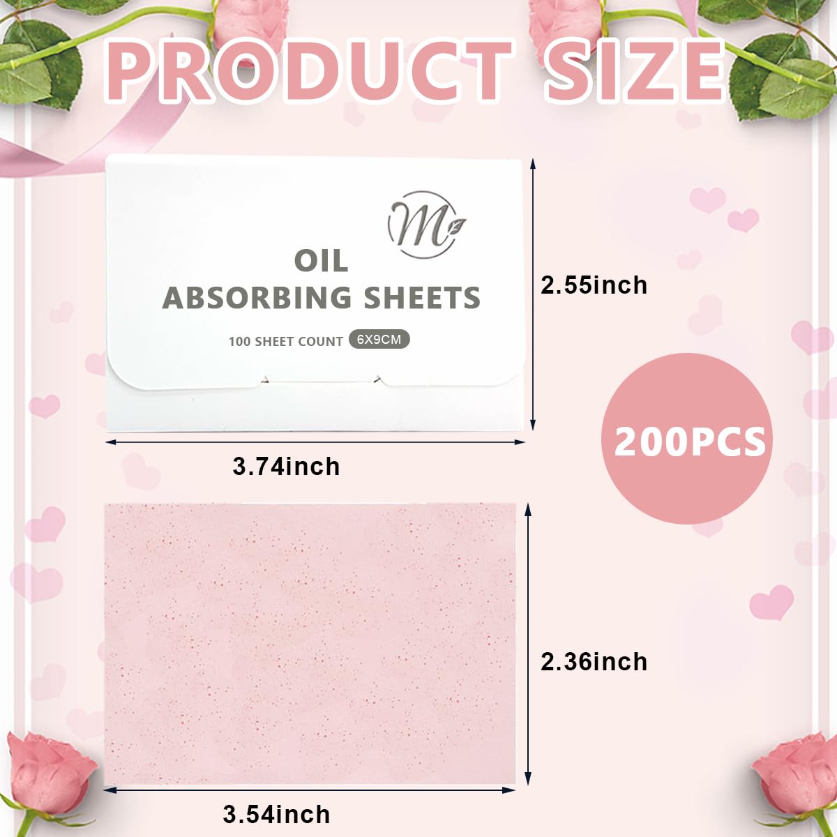 MAYCREATE® 200 Counts Oil Absorbing Sheets for Face, Facial Flax Blotting Paper, Natural Rose Oil Absorbing Tissues for Oily Skin, Oil Control Film - 9x6cm