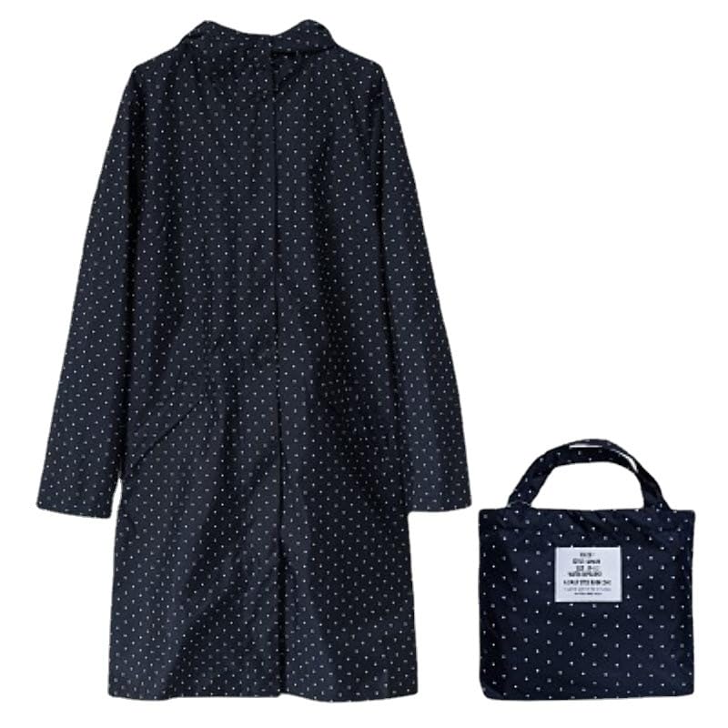 Venzina Raincoat for Women with Hood and Snap Button Front featuring Polka Dot Design | Waterproof Nylon Knee Length Jacket in Navy Blue